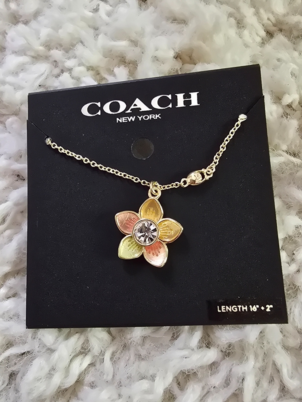 COACH New York Gold Flower Pendant Necklace with Pastel Petals - Picture 2 of 4